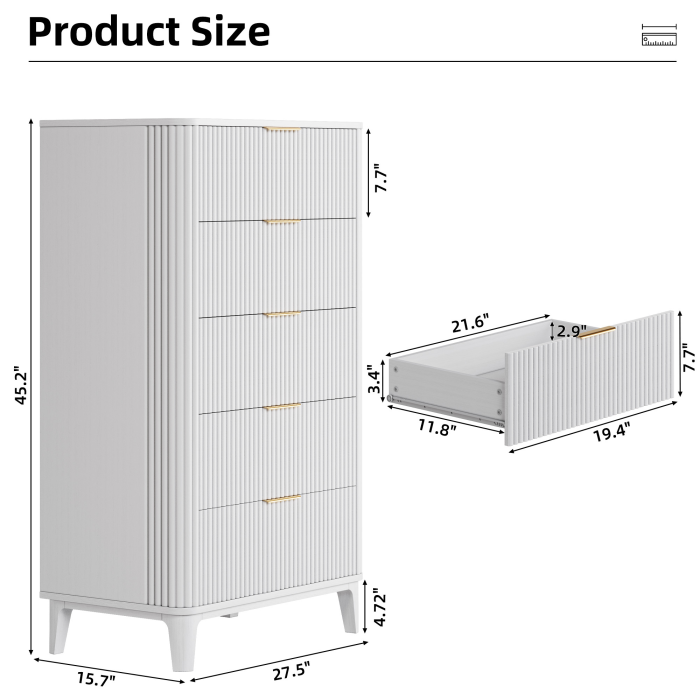 UGTOO 45.2In Modern 5-Drawer Chest with Grooved Panels
