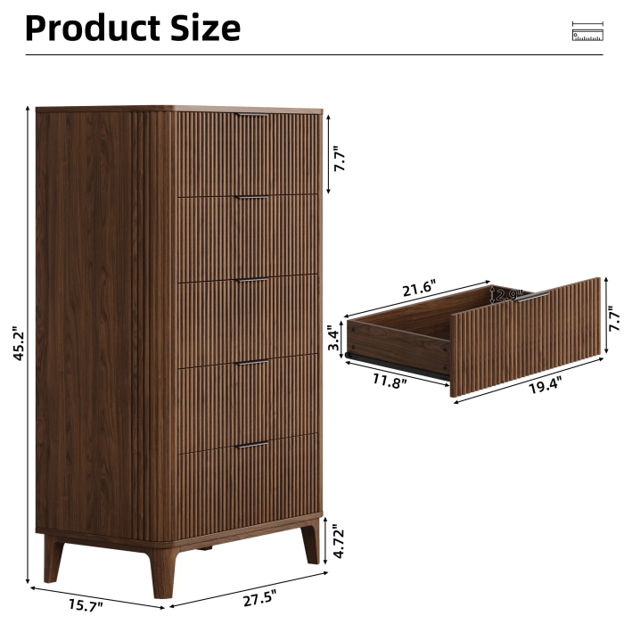 UGTOO 45.2In Modern 5-Drawer Chest with Grooved Panels