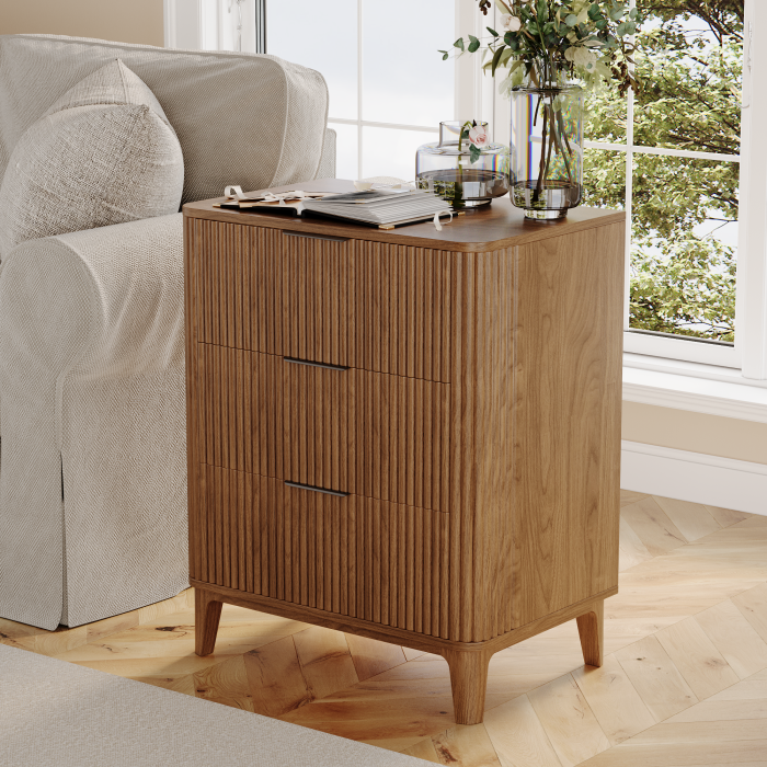UGTOO 27.6In Modern 3-Drawer Nightstand with Grooved Panels