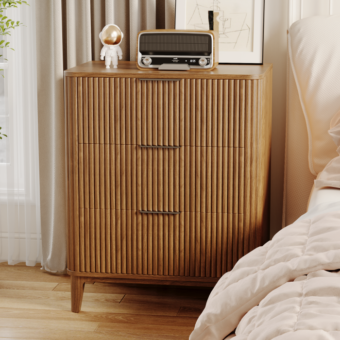 UGTOO 27.6In Modern 3-Drawer Nightstand with Grooved Panels