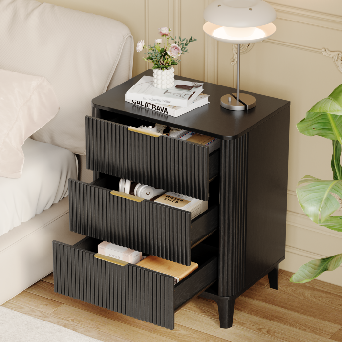 UGTOO 27.6In Modern 3-Drawer Nightstand with Grooved Panels