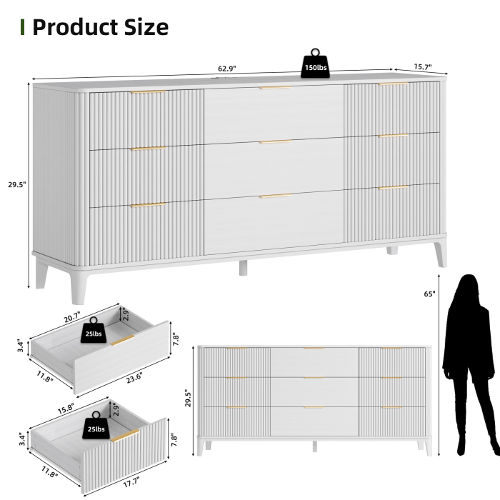 UGTOO 62.9In Modern 9-Drawer Dresser with Grooved Panels