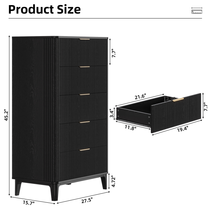 UGTOO 45.2In Modern 5-Drawer Chest with Grooved Panels