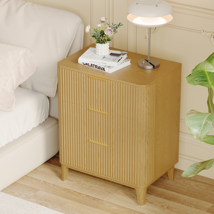 UGTOO 27.6In Modern 3-Drawer Nightstand with Grooved Panels