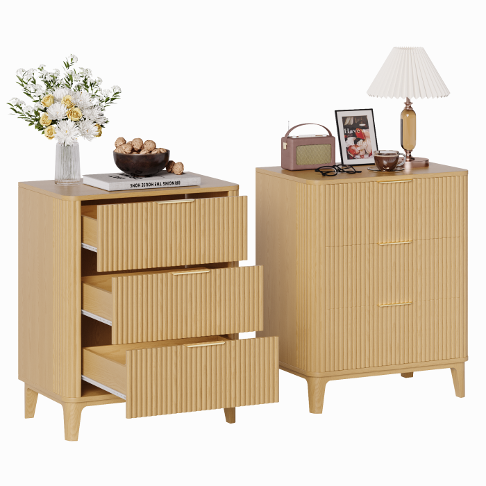 UGTOO 27.6In Modern 3-Drawer Nightstand with Grooved Panels