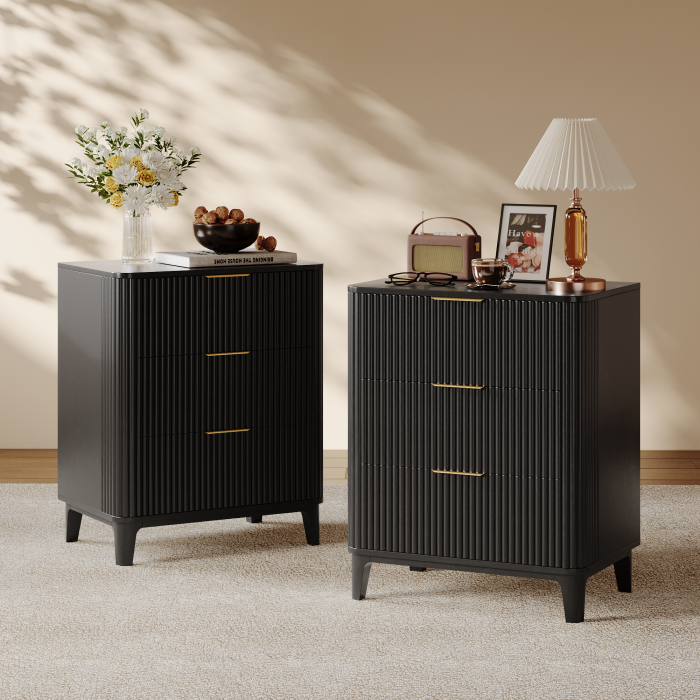 UGTOO 27.6In Modern 3-Drawer Nightstand with Grooved Panels