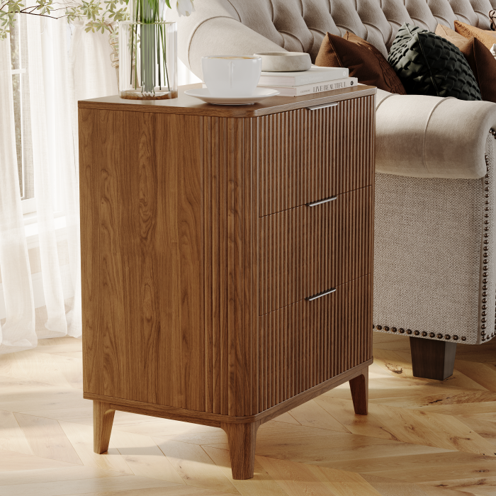 UGTOO 27.6In Modern 3-Drawer Nightstand with Grooved Panels