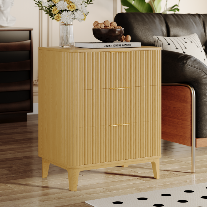 UGTOO 27.6In Modern 3-Drawer Nightstand with Grooved Panels