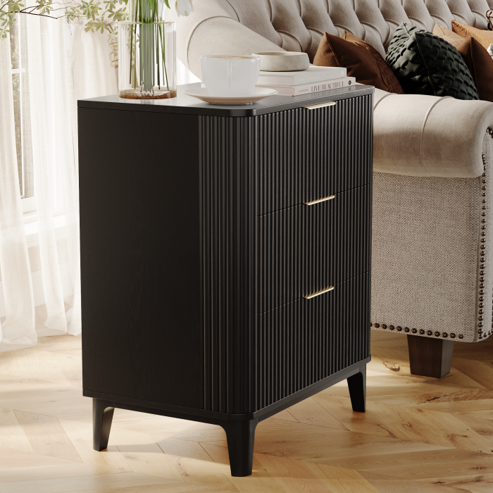 UGTOO 27.6In Modern 3-Drawer Nightstand with Grooved Panels