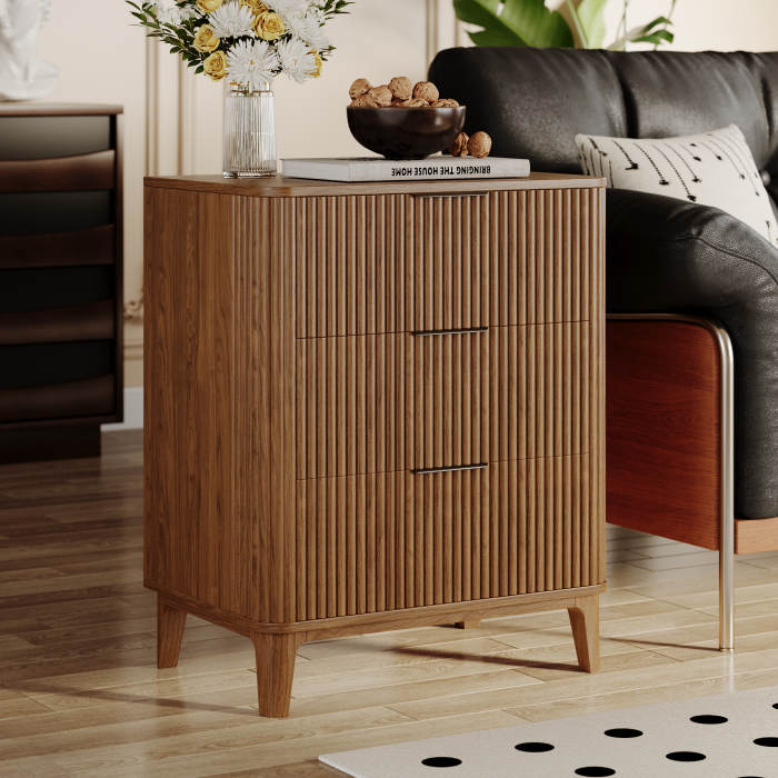 UGTOO 27.6In Modern 3-Drawer Nightstand with Grooved Panels
