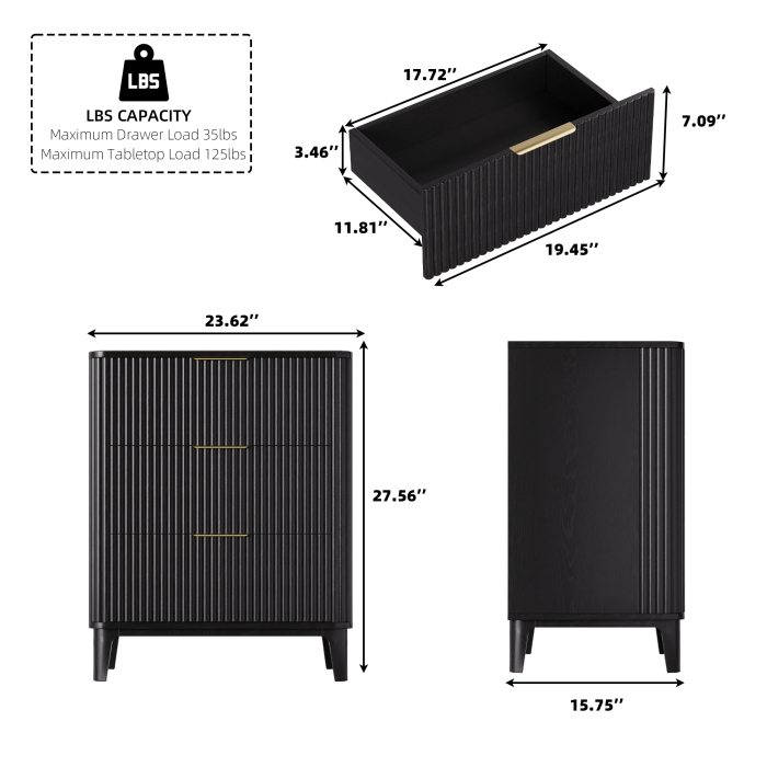 UGTOO 27.6In Modern 3-Drawer Nightstand with Grooved Panels