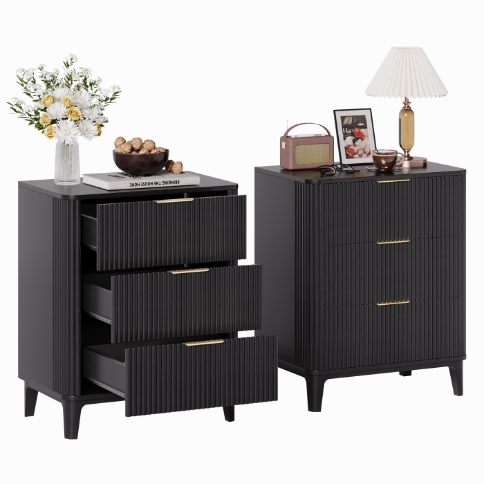 UGTOO 27.6In Modern 3-Drawer Nightstand with Grooved Panels