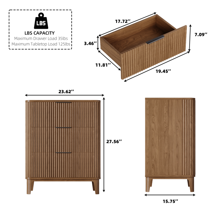 UGTOO 27.6In Modern 3-Drawer Nightstand with Grooved Panels