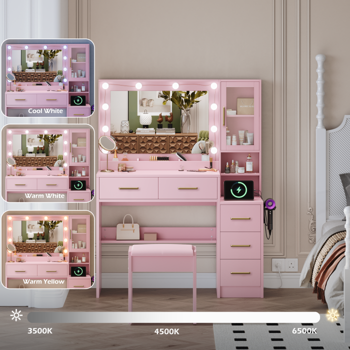 UGTOO 35.4 Inch Makeup Vanity with LED Mirror Charging Station & 5 Drawers