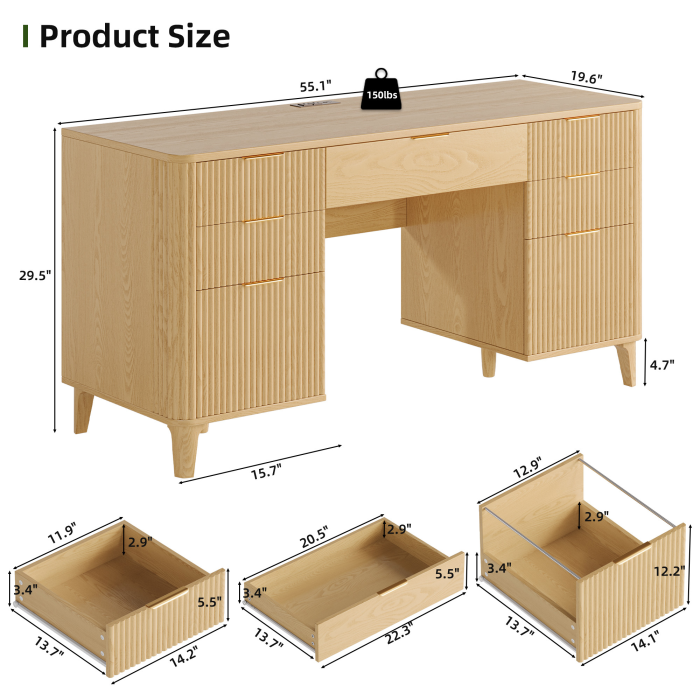 UGTOO 55In Modern Executive Desk with Power Outlet & 7 Drawers
