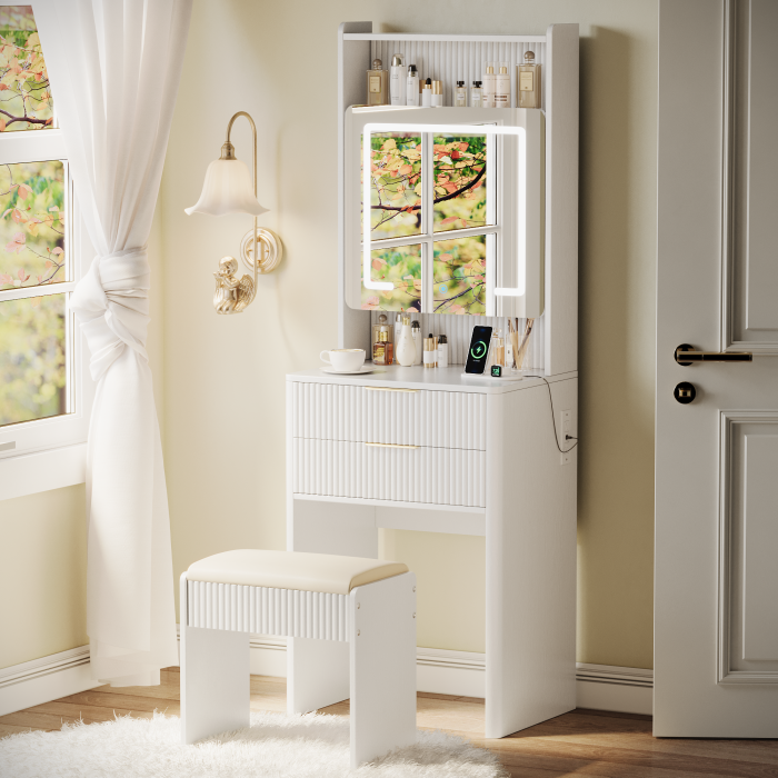 UGTOO 21.65 Inch 3-in-1 2-Drawers Vanity with Stool