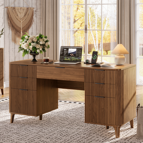 UGTOO 55In Modern Executive Desk with Power Outlet & 7 Drawers