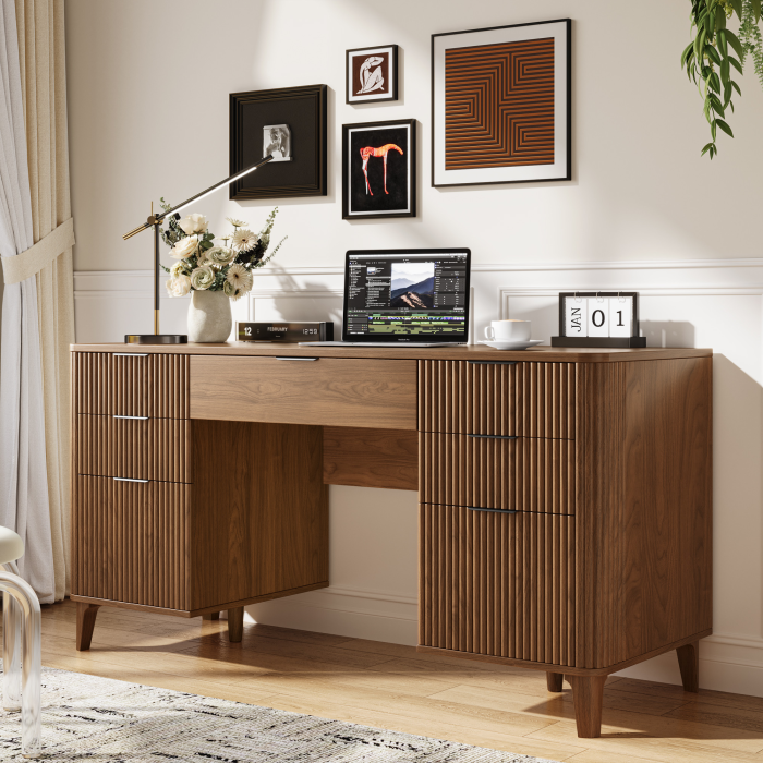 UGTOO 55In Modern Executive Desk with Power Outlet & 7 Drawers