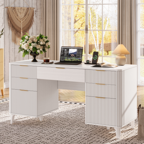 UGTOO 55In Modern Executive Desk with Power Outlet & 7 Drawers