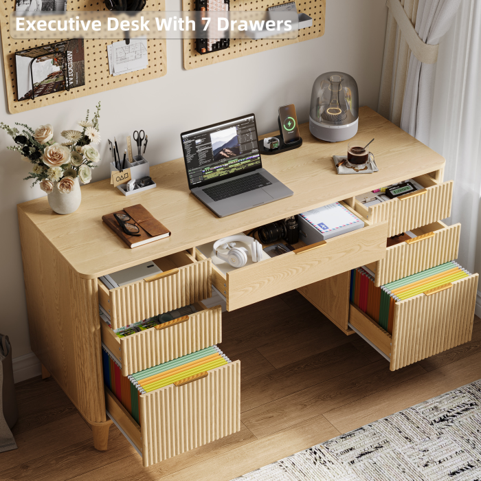 UGTOO 55In Modern Executive Desk with Power Outlet & 7 Drawers