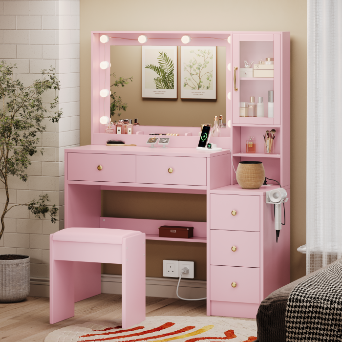 UGTOO 35.44 Inch 5 Drawers Circular Handle Vanity with Stool