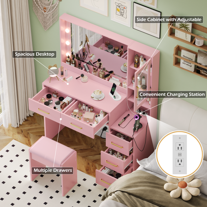 UGTOO 35.4 Inch Makeup Vanity with LED Mirror Charging Station & 5 Drawers