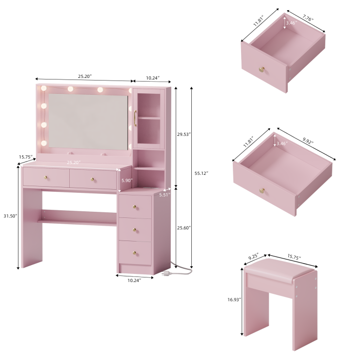 UGTOO 35.44 Inch 5 Drawers Circular Handle Vanity with Stool