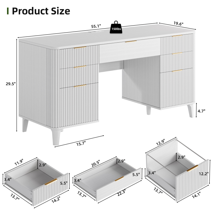 UGTOO 55In Modern Executive Desk with Power Outlet & 7 Drawers