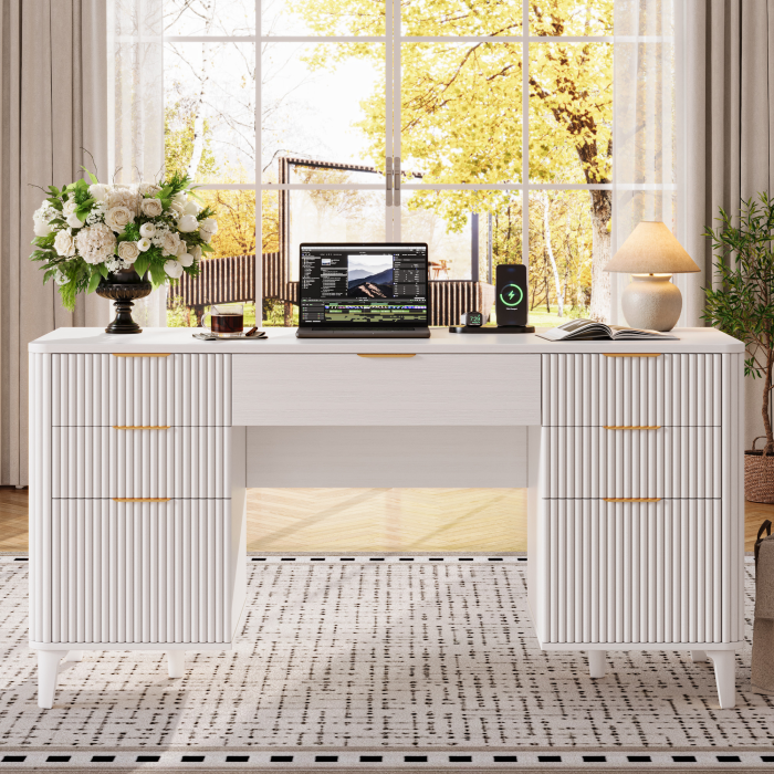 UGTOO 55In Modern Executive Desk with Power Outlet & 7 Drawers