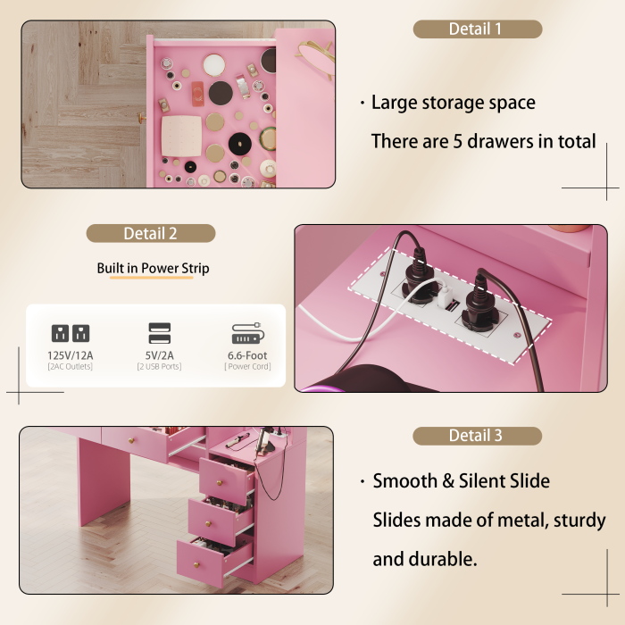 UGTOO 35.44 Inch 5 Drawers Circular Handle Vanity with Stool