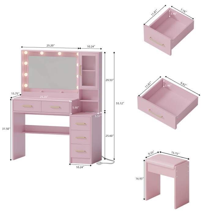 UGTOO 35.4 Inch Makeup Vanity with LED Mirror Charging Station & 5 Drawers