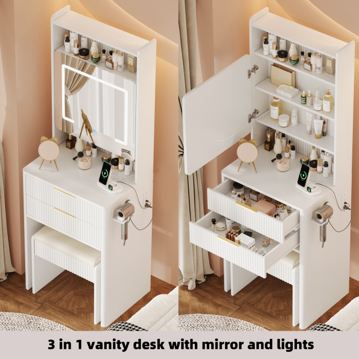 UGTOO 21.65 Inch 3-in-1 2-Drawers Vanity with Stool