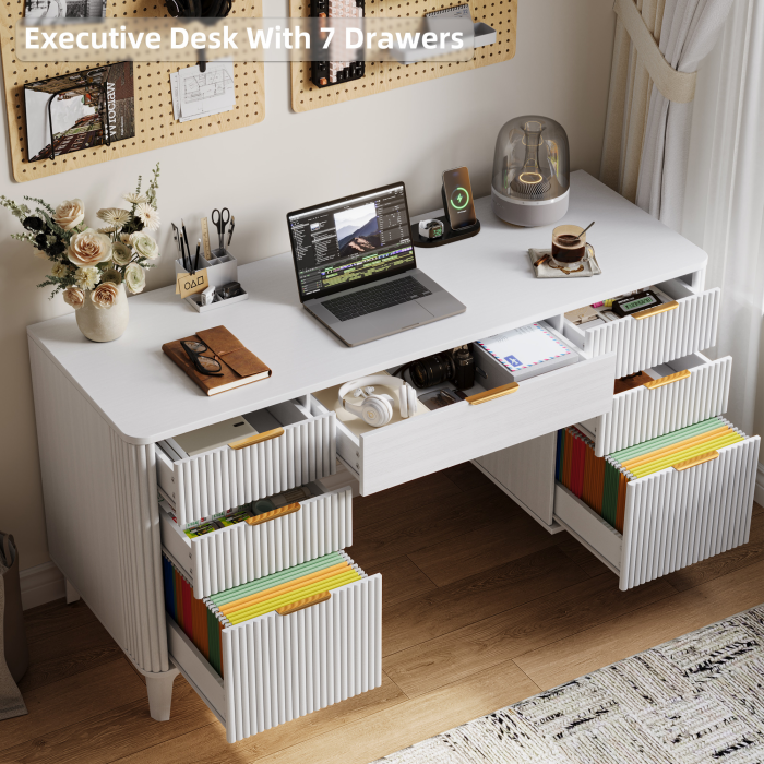 UGTOO 55In Modern Executive Desk with Power Outlet & 7 Drawers