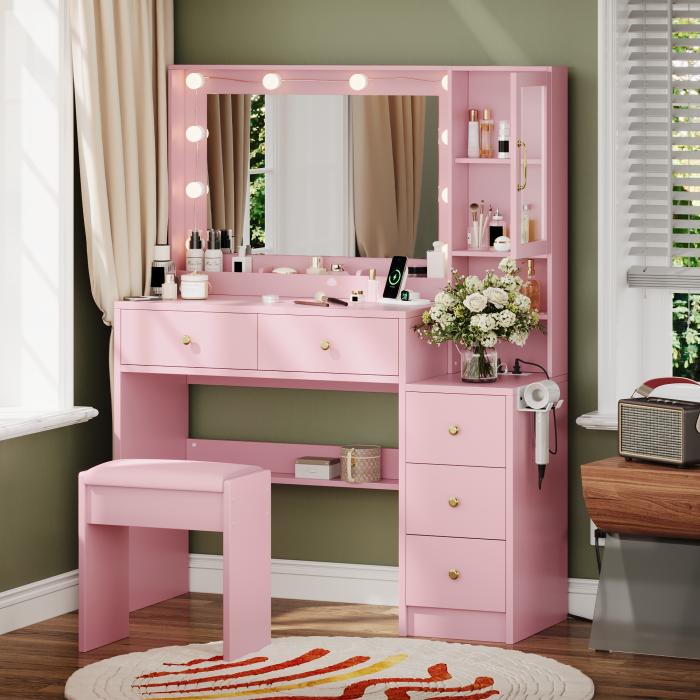 UGTOO 35.44 Inch 5 Drawers Circular Handle Vanity with Stool
