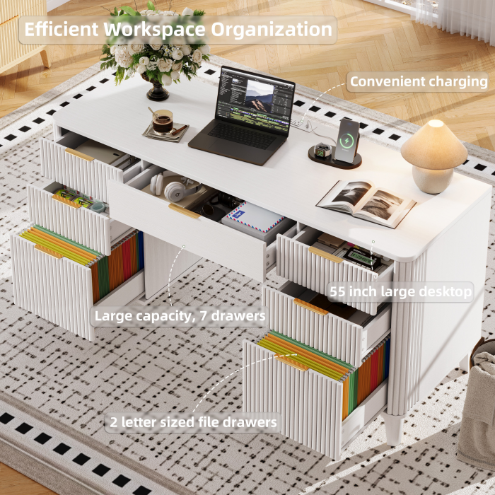 UGTOO 55In Modern Executive Desk with Power Outlet & 7 Drawers