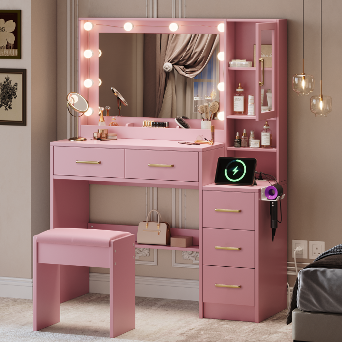 UGTOO 35.4 Inch Makeup Vanity with LED Mirror Charging Station & 5 Drawers