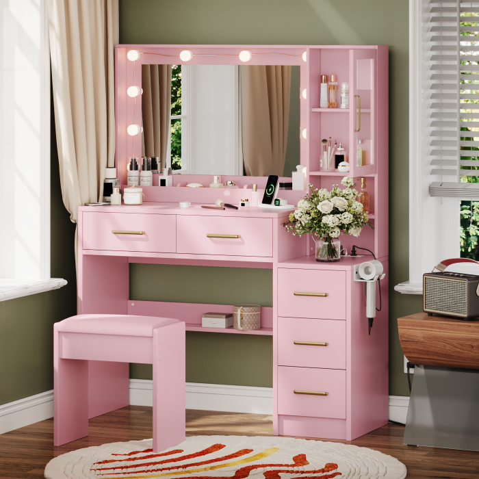 UGTOO 35.4 Inch Makeup Vanity with LED Mirror Charging Station & 5 Drawers