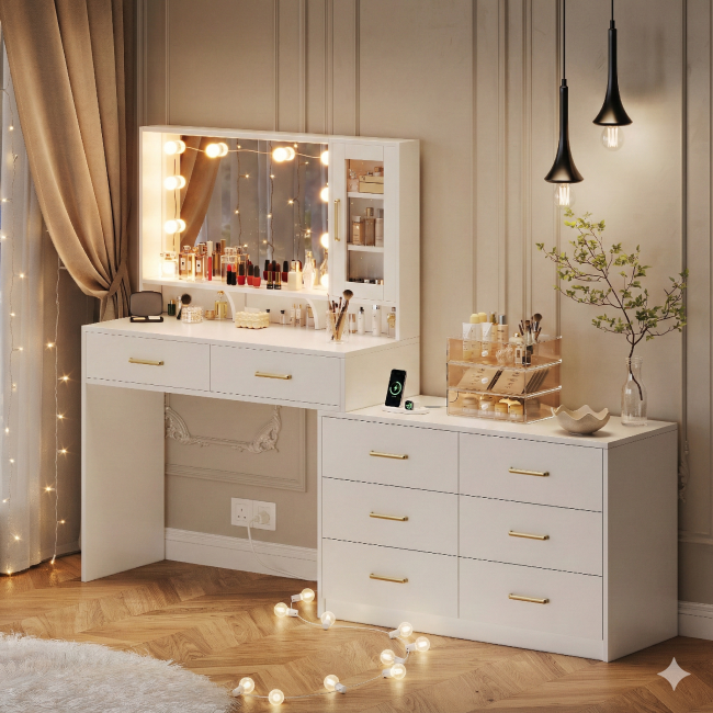 UGTOO 59 Inch White Vanity Table 8 Drawers with Charging Station