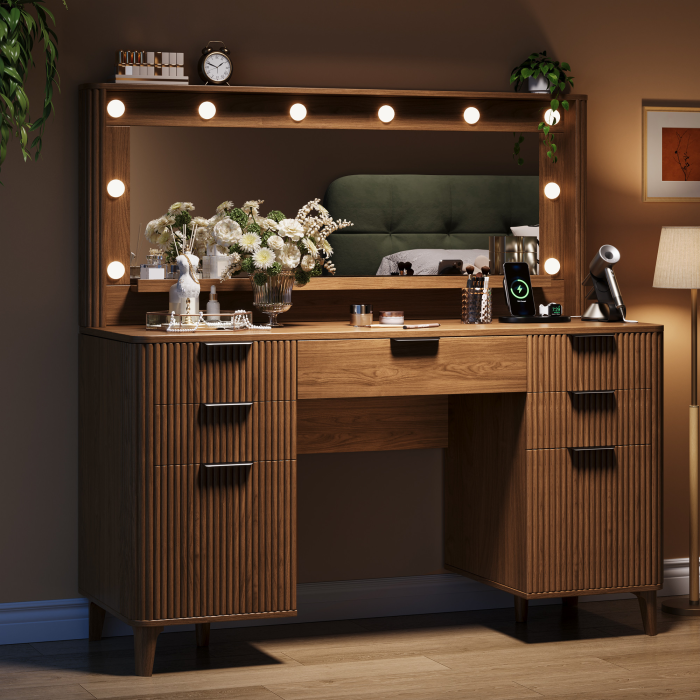 UGTOO 44.8Inch LED Vanity Desk with 5 Drawers 2 Dust Cabinets & Charging Station
