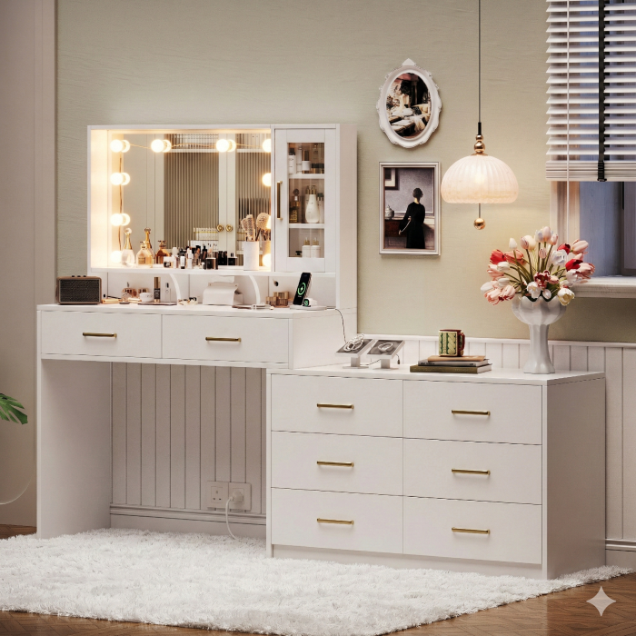 UGTOO 59 Inch White Vanity Table 8 Drawers with Charging Station