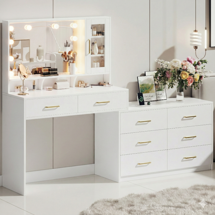 UGTOO 59 Inch White Vanity Table 8 Drawers with Charging Station