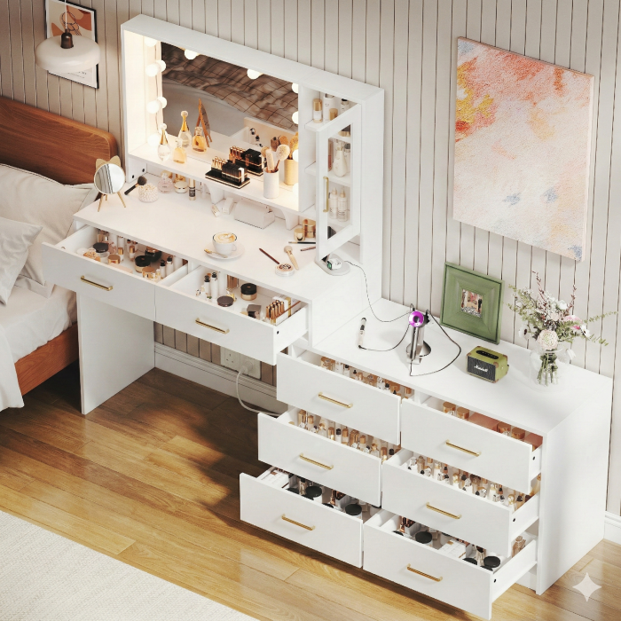 UGTOO 59 Inch White Vanity Table 8 Drawers with Charging Station