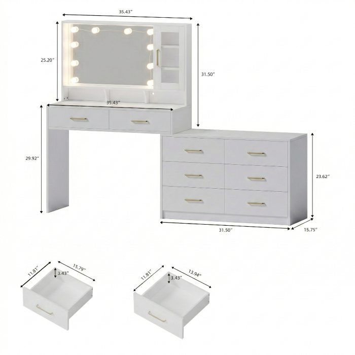 UGTOO 59 Inch White Vanity Table 8 Drawers with Charging Station