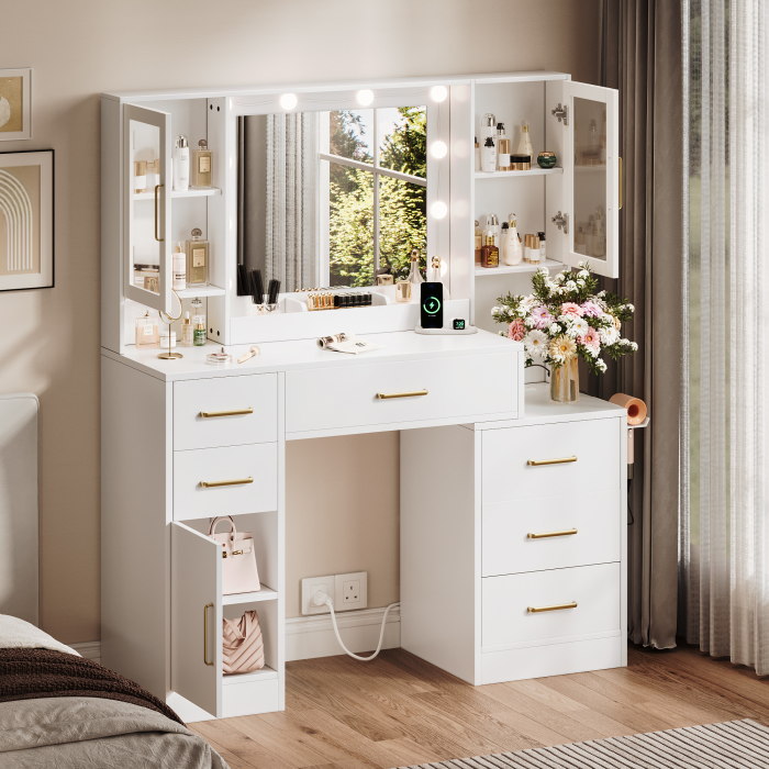 UGTOO 51.18 Inch 6 Drawers 3 Dustproof Cabinet Vanity with Stool