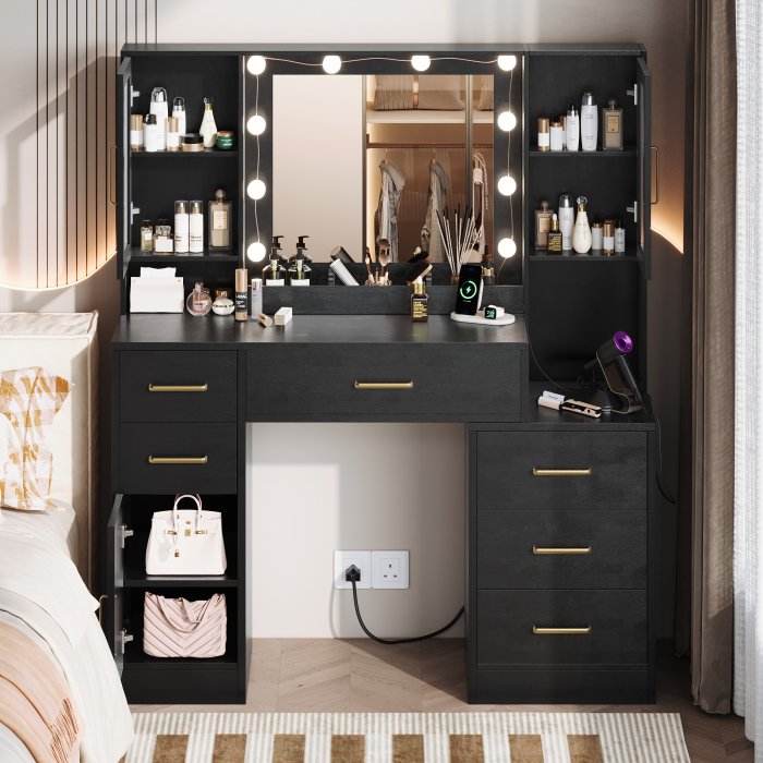 UGTOO 51.18 Inch 6 Drawers 3 Dustproof Cabinet Vanity with Stool