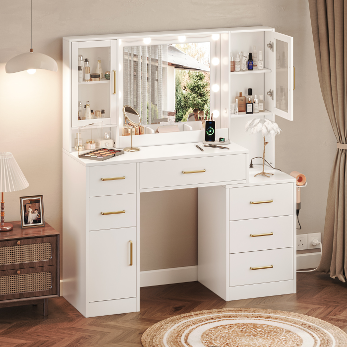 UGTOO 51.18 Inch 6 Drawers 3 Dustproof Cabinet Vanity with Stool