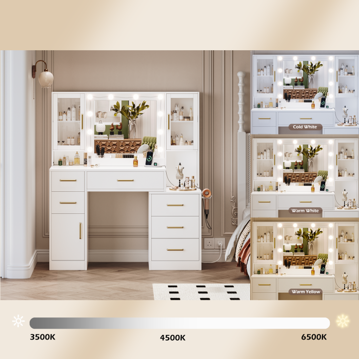 UGTOO 51.18 Inch 6 Drawers 3 Dustproof Cabinet Vanity with Stool