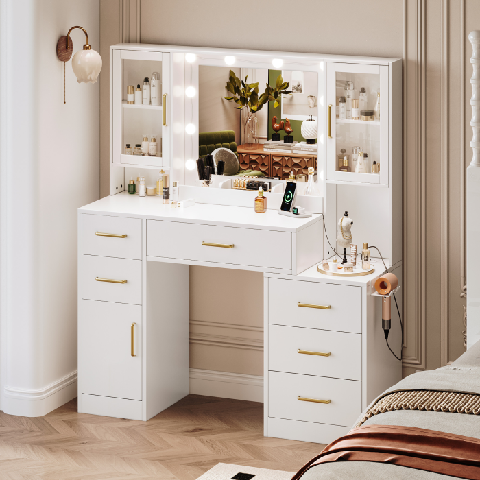 UGTOO 51.18 Inch 6 Drawers 3 Dustproof Cabinet Vanity with Stool