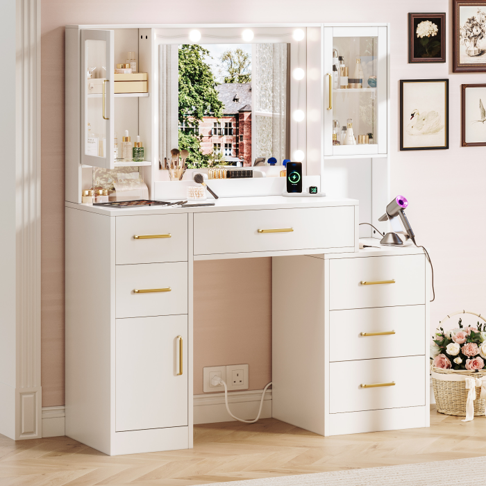 UGTOO 51.18 Inch 6 Drawers 3 Dustproof Cabinet Vanity with Stool