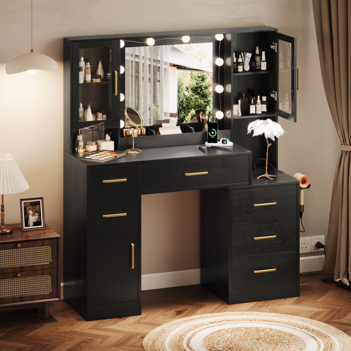 UGTOO 51.18 Inch 6 Drawers 3 Dustproof Cabinet Vanity with Stool